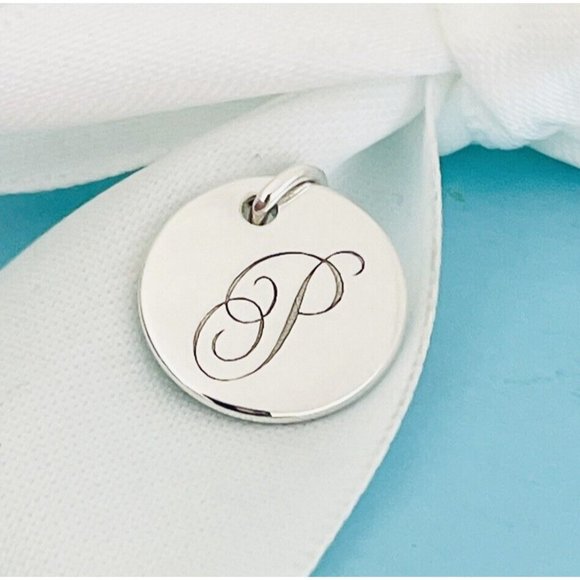 Tiffany Silver Letter P Alphabet Initial Round Circle Notes Charm Pendant - Picture 1 of 7